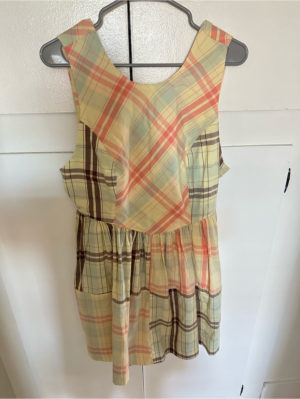 Antropología Plaid Cotton Sundress in Pastel Yellow & Coral
